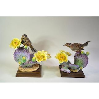 ROYAL WORCESTER CACTUS WRENS AND PRICKLY PEAR, PAIR