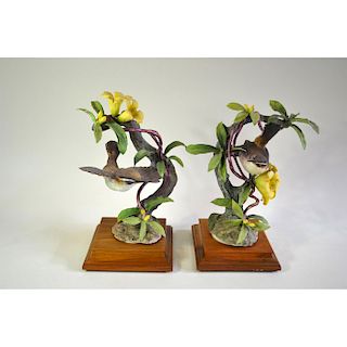ROYAL WORCESTER BEWICK'S WRENS AND YELLOW JASMINE, PAIR