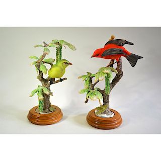 ROYAL WORCESTER SCARLET TANAGERS AND WHITE OAK, PAIR