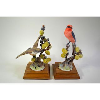 ROYAL WORCESTER VERMILLION FLYCATCHERS AND PUSSY WILLOW, PAIR