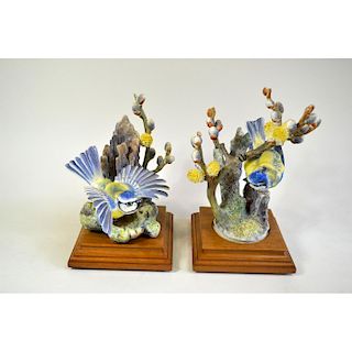 ROYAL WORCESTER BLUE-TIT AND PUSSY WILLOW, PAIR