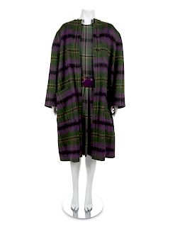 An Adele Simpson Purple Tartan Wool Coat, Dress, Belt, Scarf,