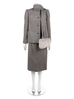 Stanley Korshak Skirt Suit with Fox Fur Trim, 1950s-1960s