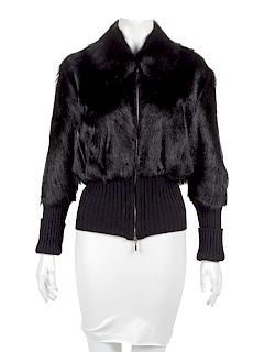 Black Fur Zip Jacket with Knit Waist and Cuffs, 1990's