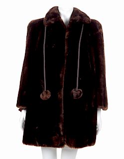 Dupler's Fine Furs Short Brown Fur Coat with Pompom Tie, 1970's