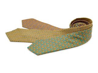 Three Hermes ties, two yellow, one green with yellow pattern