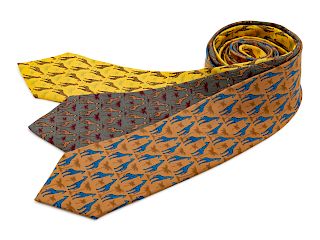 Three Hermes ties, one yellow , one green, one brown