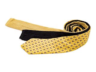 Three Hermes ties, one yellow, one yellow knit, one black knit