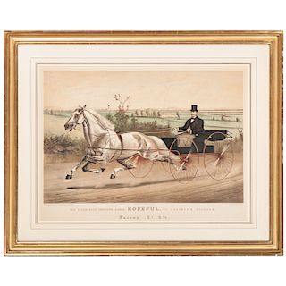 Currier and Ives Hand-Colored Lithograph, The Celebrated Trotting Horse Hopeful, by Godfrey's Patchen