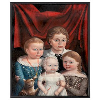 Folk Art Portrait of Four Children and a Cat
