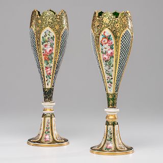 Bohemian Gilt and Green Glass Vases with Overlay 