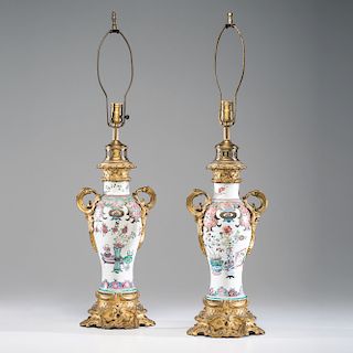 Famille Rose Baluster Vase Lamps with Gagneau Mounts