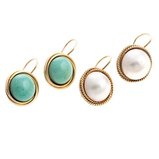 A Pair of Turquoise and Mabe Pearl Earrings in 18K