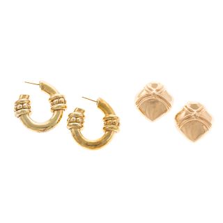 A Pair of 18K Hoops and 14K Dome Earrings
