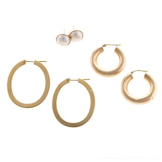 Two Pairs of Gold Hoops and Mabe Pearl Earrings