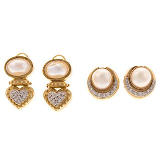 Two Pairs of 14K Pearl and Diamond Earrings