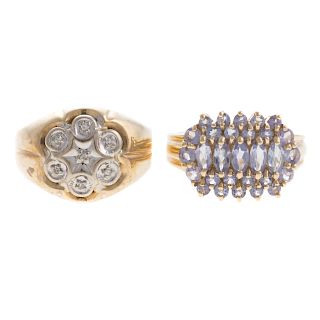 A Diamond Cluster Ring & Tanzanite Ring in Gold