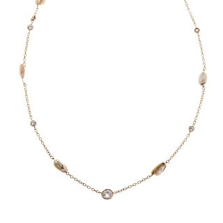 A 14K Diamond & Freshwater Pearl Station Necklace