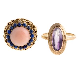 An 18K Coral & Lapis Ring and 14K Amethyst Ring