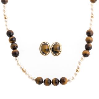A Pair of 14K Tiger's Eye Earrings & Necklace