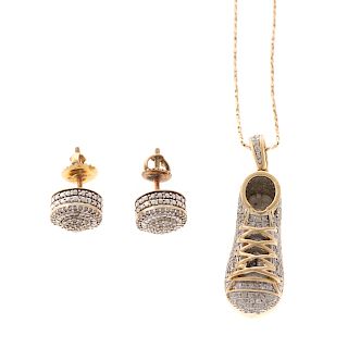 A Pair of Diamond Earrings & Diamond Shoe Pendant