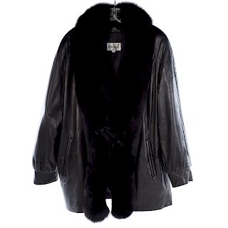 A Ladies Black Leather Jacket with Fox Trim