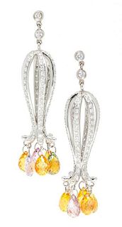 * A Pair of White Gold, Diamond and Multicolored Sapphire Pendant Earrings, 8.10 dwts.