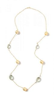 A 14 Karat Yellow Gold, Cultured Golden Pearl, Green Quartz and White Topaz Necklace, 24.20 dwts.