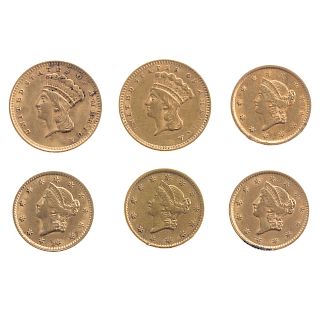 Six $1 US Gold Pieces