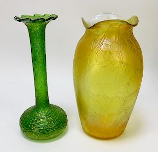 2PC Kralik Crackle Thread Bohemian Art Glass Vases