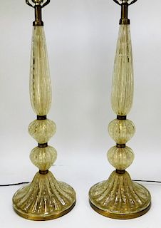 Pair Attr. Barovier and Toso Gold Aventurine Lamps