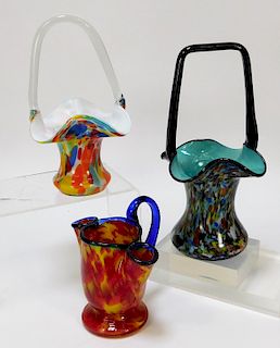 3PC Welz Kralik Handled Bohemian Art Glass Vases
