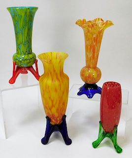 4PC Welz Footed Bohemian Art Glass Vases