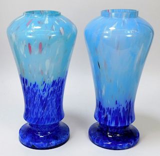 Pair Ruckl Blue Bohemian Art Glass Vases