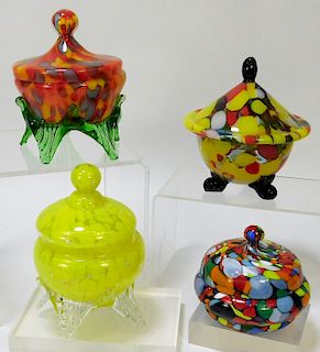 4PC Assorted Covered Bohemian Art Glass Jars