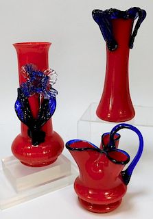 3PC Kralik Red and Blue Bohemian Art Glass Vases