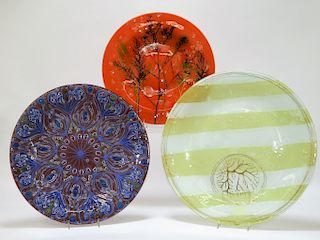 3PC Higgins MCM Floral Art Glass Large Plate Group