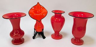 4PC Assorted Red Tango Bohemian Art Glass Vases