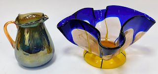 2PC Kralik Bohemian Art Glass Pitcher Flared Vase