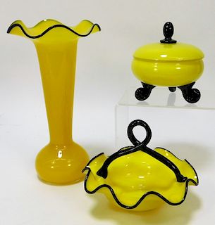 3PC Yellow Tango Bohemian Art Glass Vessels