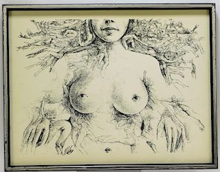 Modern Surrealist Etching of Nude Female Torso