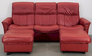 Stressless Red Leather Reclining Sofa and Ottomans
