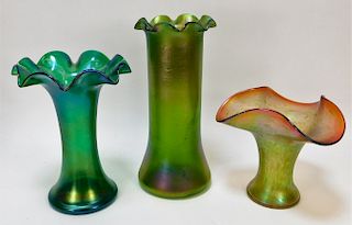 3PC Attr. Loetz Frilled Bohemian Art Glass Vases.