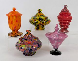 5PC Welz Kralik Bohemian Covered Bowls Art Glass