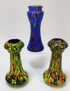 3PC Kralik Splatter Bohemian Art Glass Vases