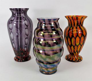 3PC Welz Bubble Net Bohemian Art Glass Vase Group