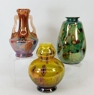 3PC Kralik Iridescent Art Deco Glass Vase Group