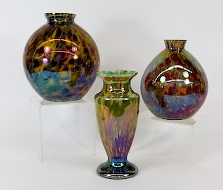 3PC Kralik Speckle Bohemian Art Glass Vase Group
