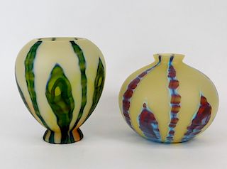 2PC Kralik Lenora Seaweed Bohemian Art Glass Vases