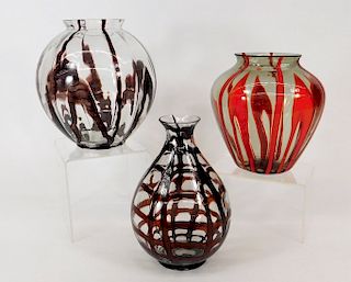 3PC Kralik Burgundy Bohemian Art Glass Vases